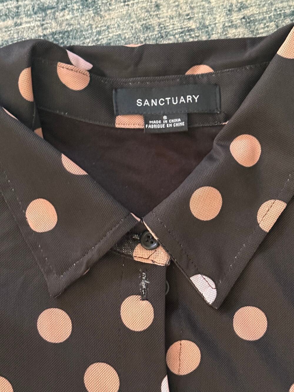 Sanctuary Black Blush Polka Dot Button Front Blouse Semi Sheer Top Size S